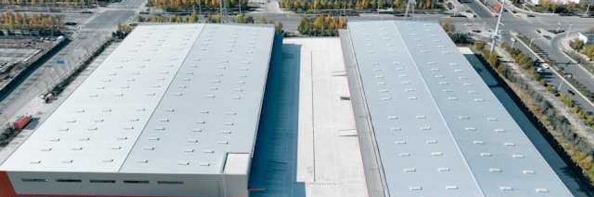 An aerial view of large warehouse type buildings