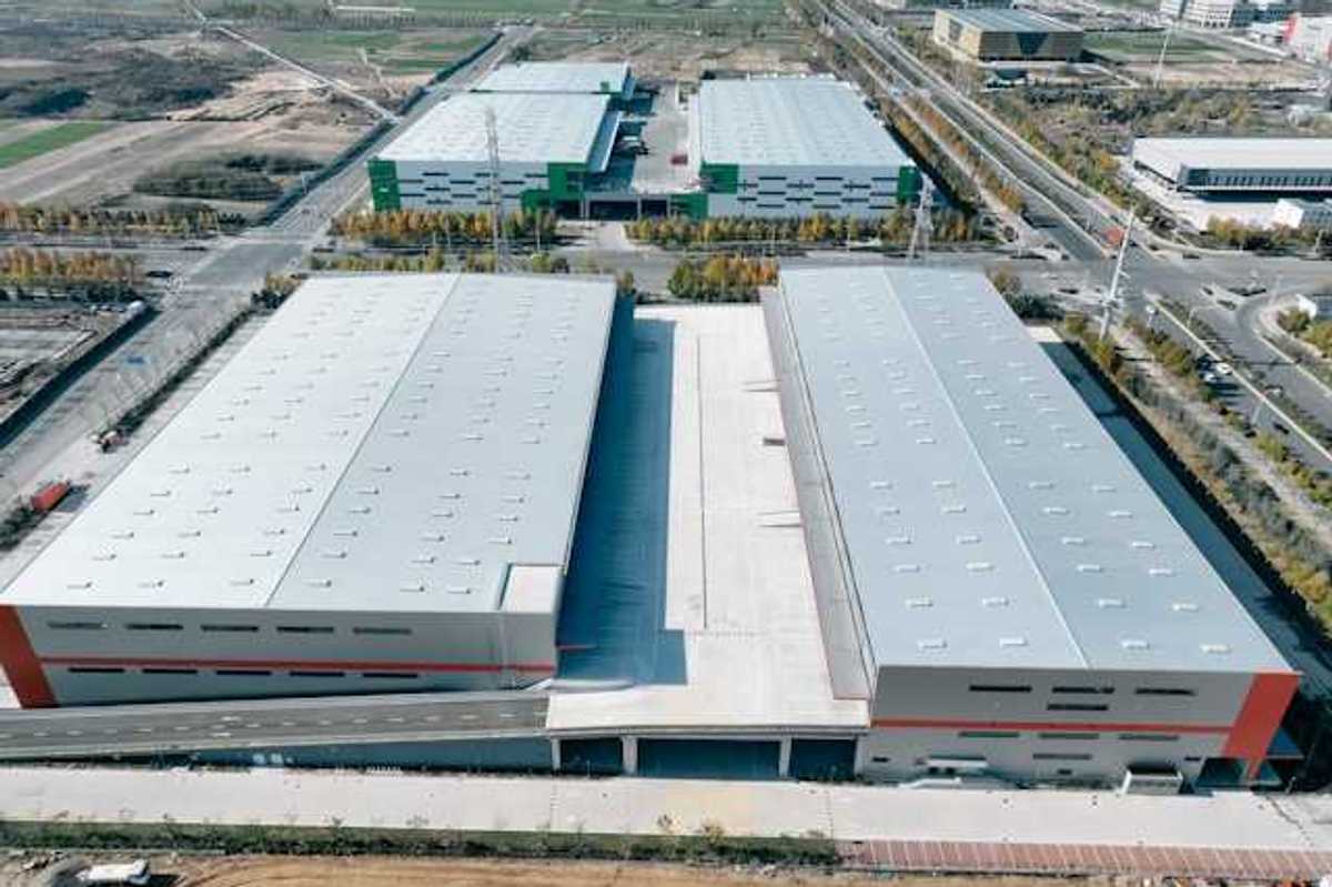 An aerial view of large warehouse type buildings