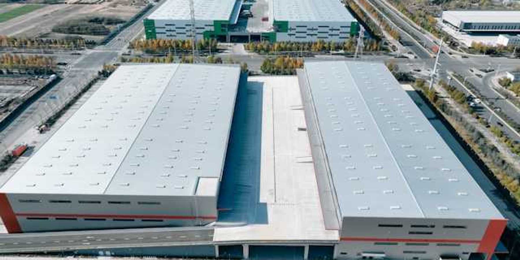 An aerial view of large warehouse type buildings