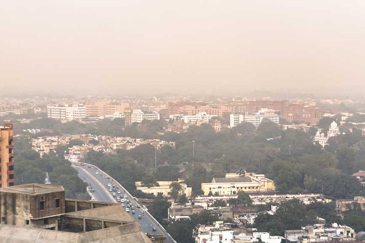 An aerial view of New Delhi with pollution in the sky