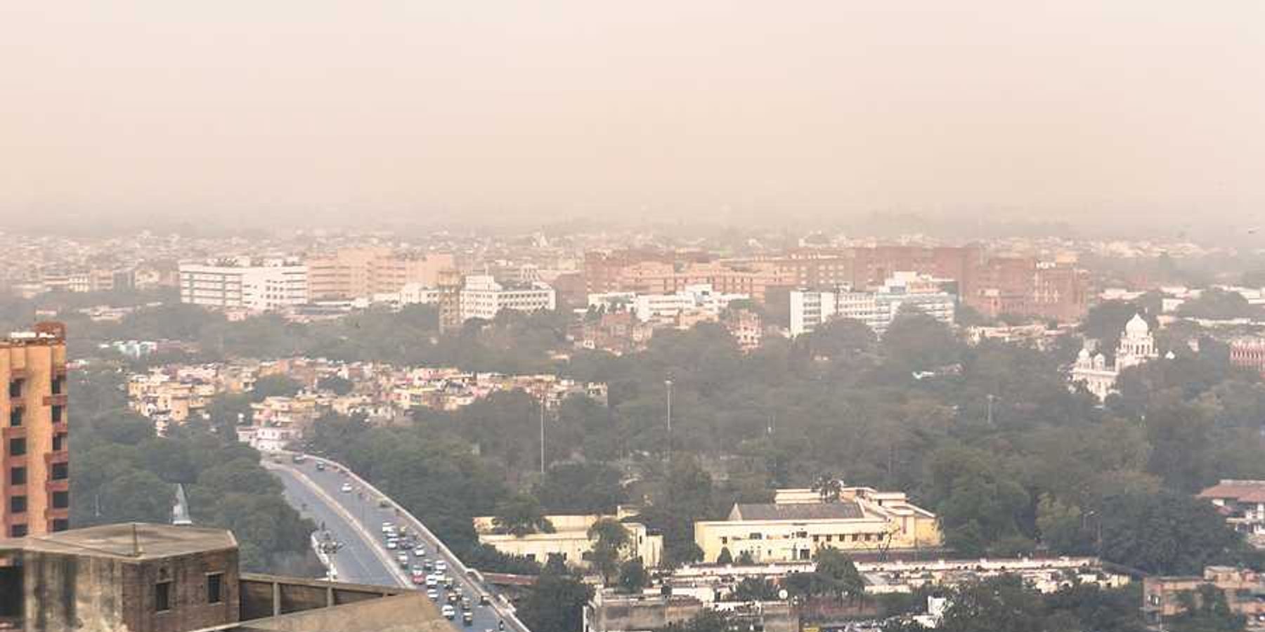 An aerial view of New Delhi with pollution in the sky