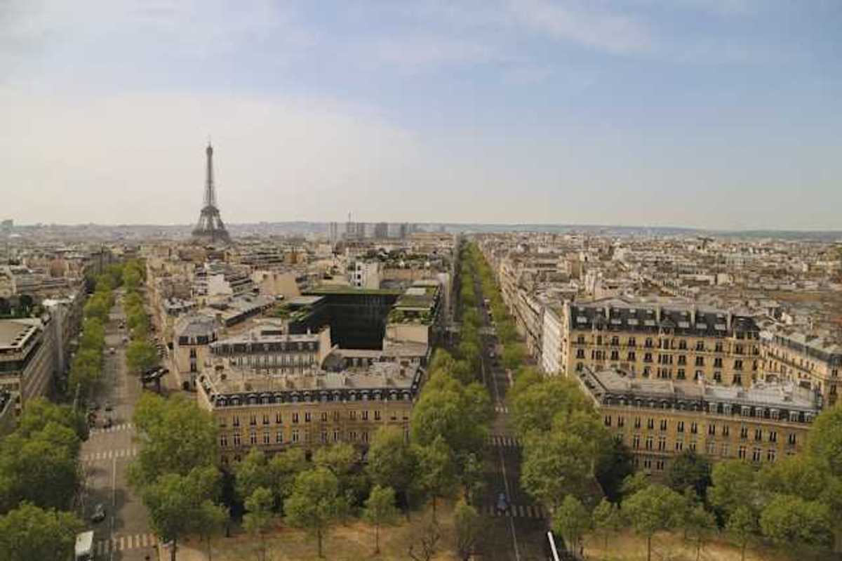 An aerial view of the streets of Paris lined with green trees
