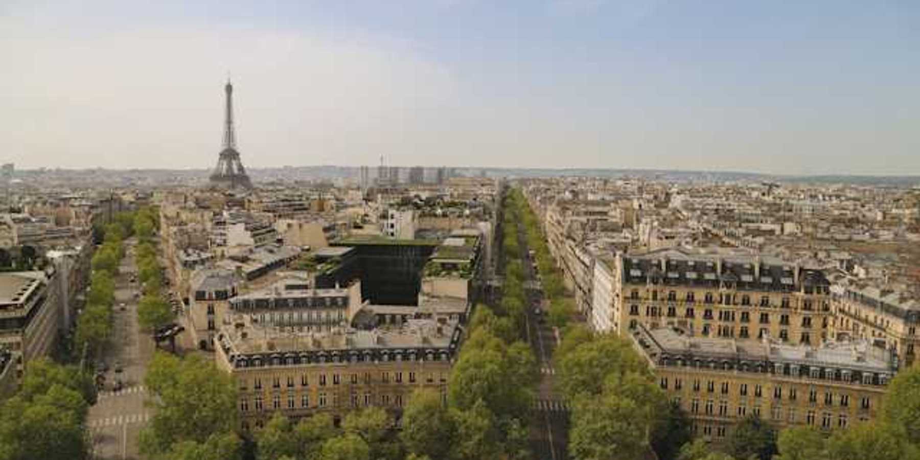 An aerial view of the streets of Paris lined with green trees