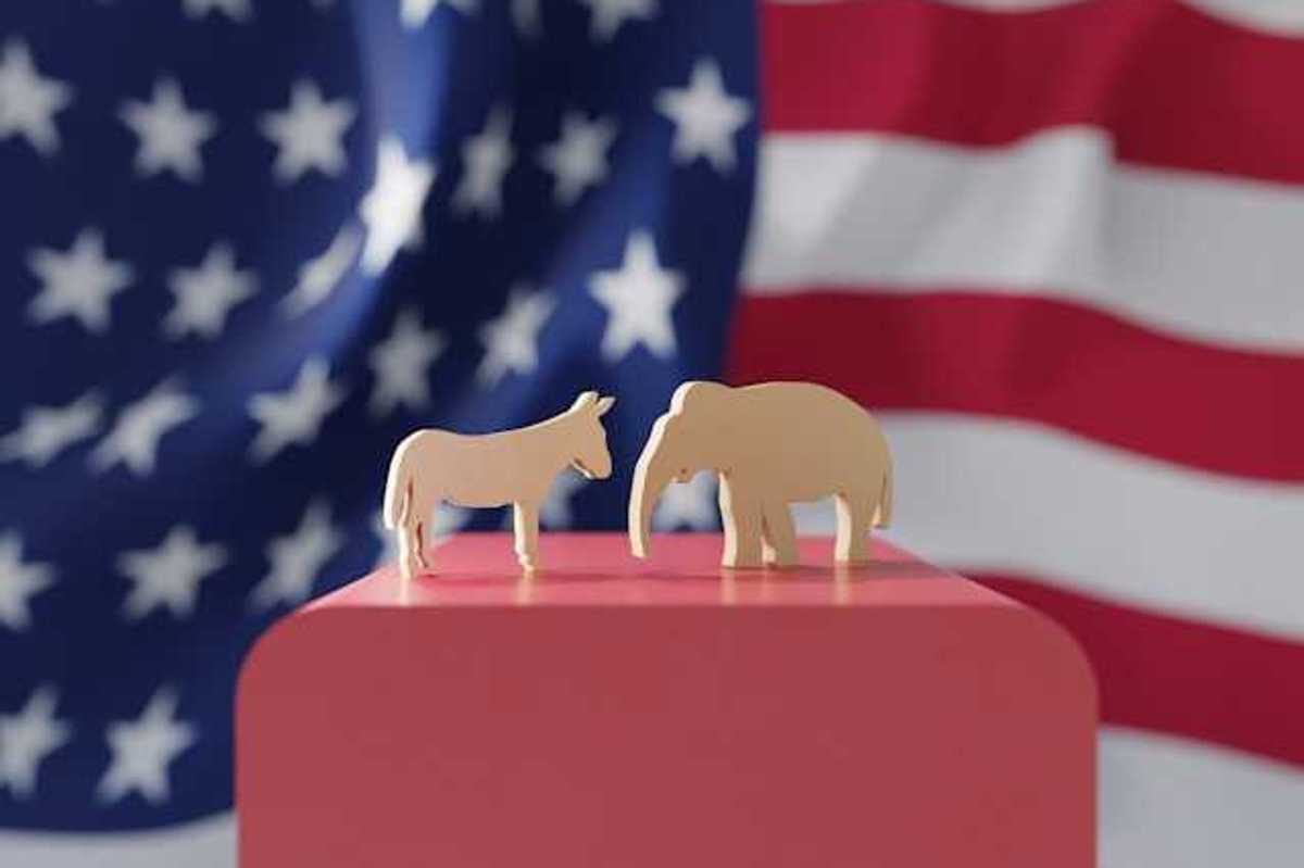 An American flag with wooden cutouts of a donkey and an elephant in the foreground