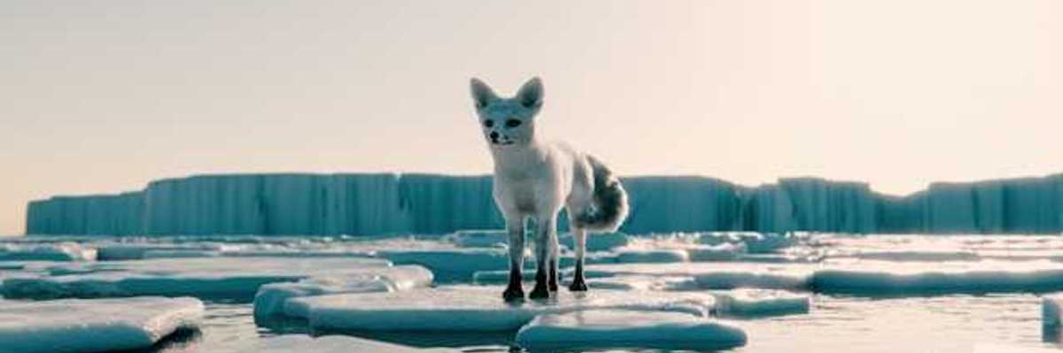 An Arctic fox standing on an ice floe with an iceberg in the background