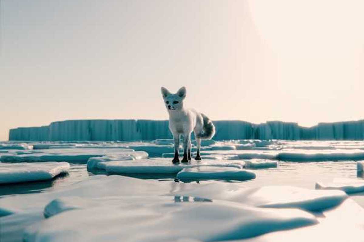 An Arctic fox standing on an ice floe with an iceberg in the background
