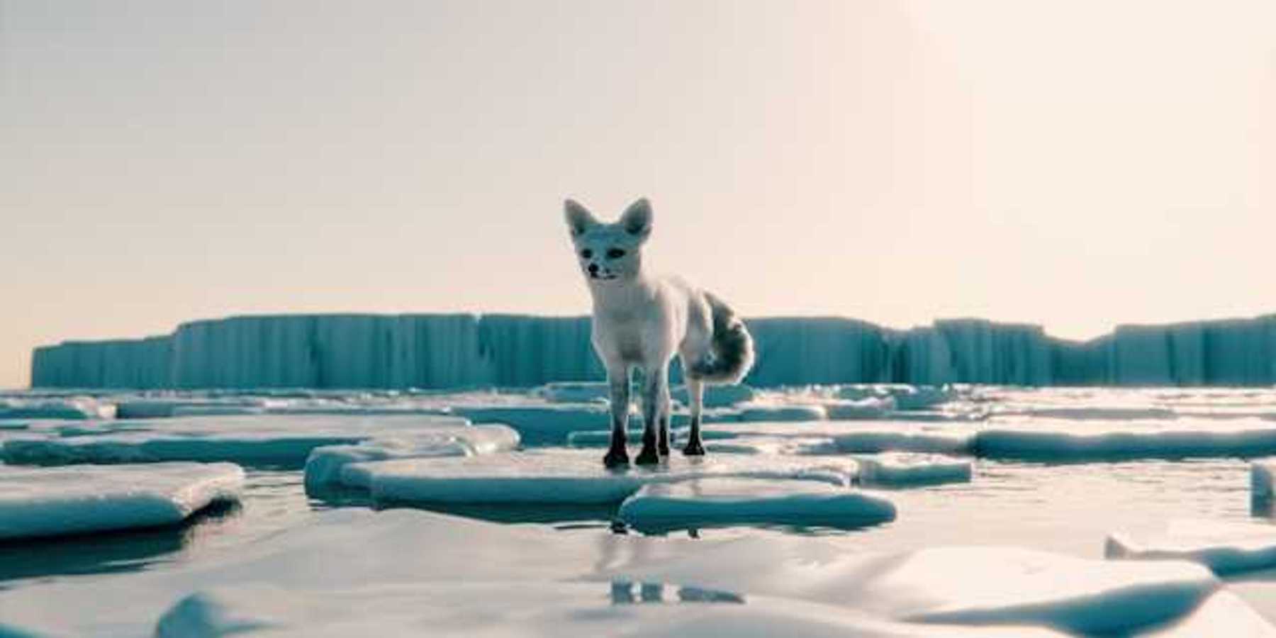 An Arctic fox standing on an ice floe with an iceberg in the background