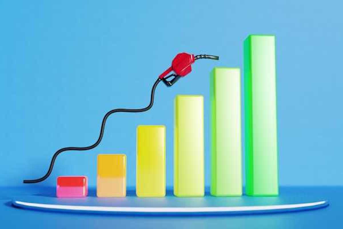 An illustration of a bar chart with a gas dispenser floating above it