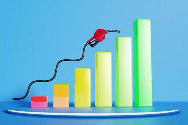 An illustration of a bar chart with a gas dispenser floating above it