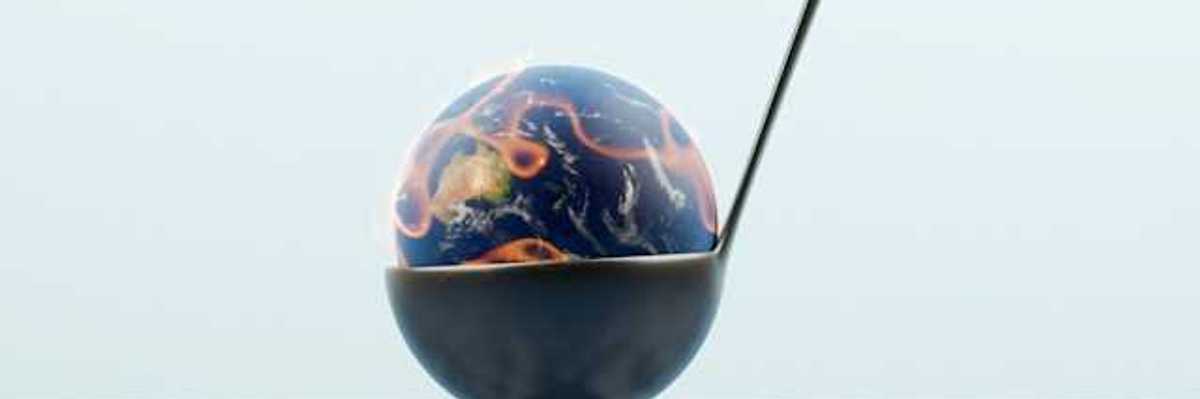 An illustration of a burning earth being dipped into cool water