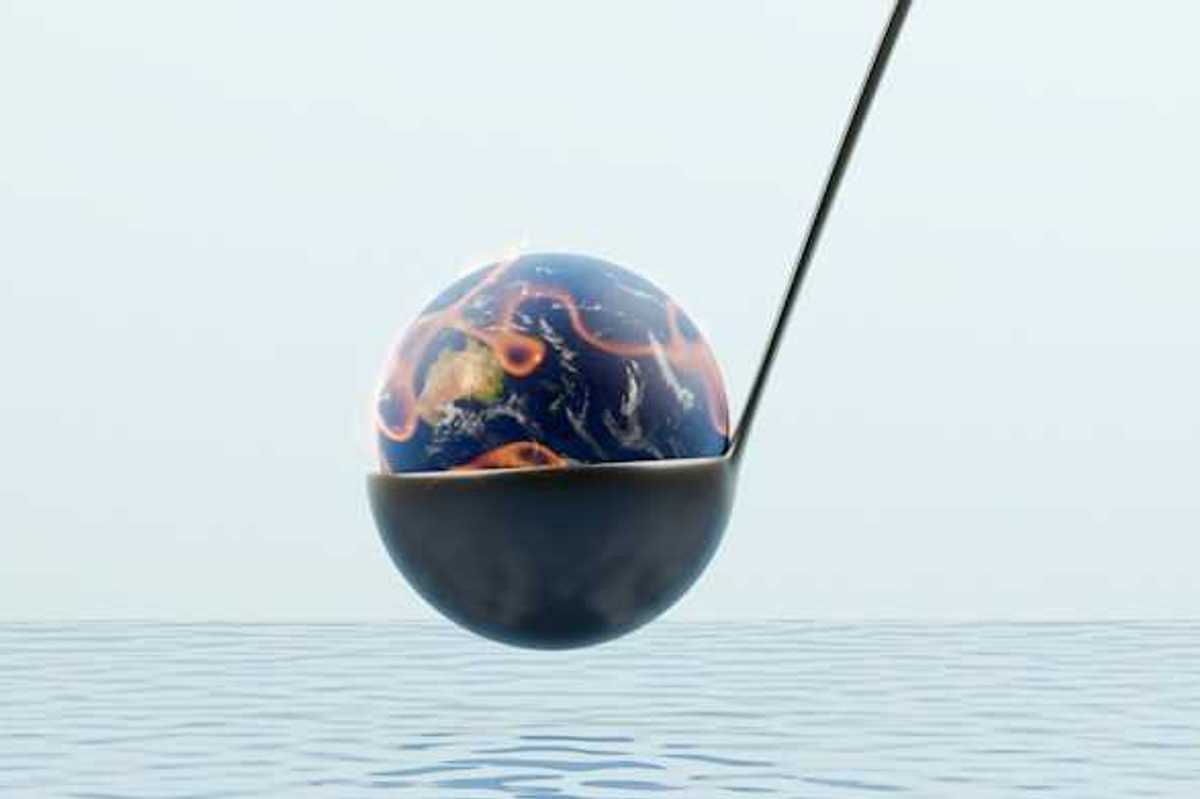 An illustration of a burning earth being dipped into cool water