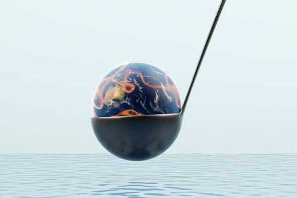 An illustration of a burning earth being dipped into cool water