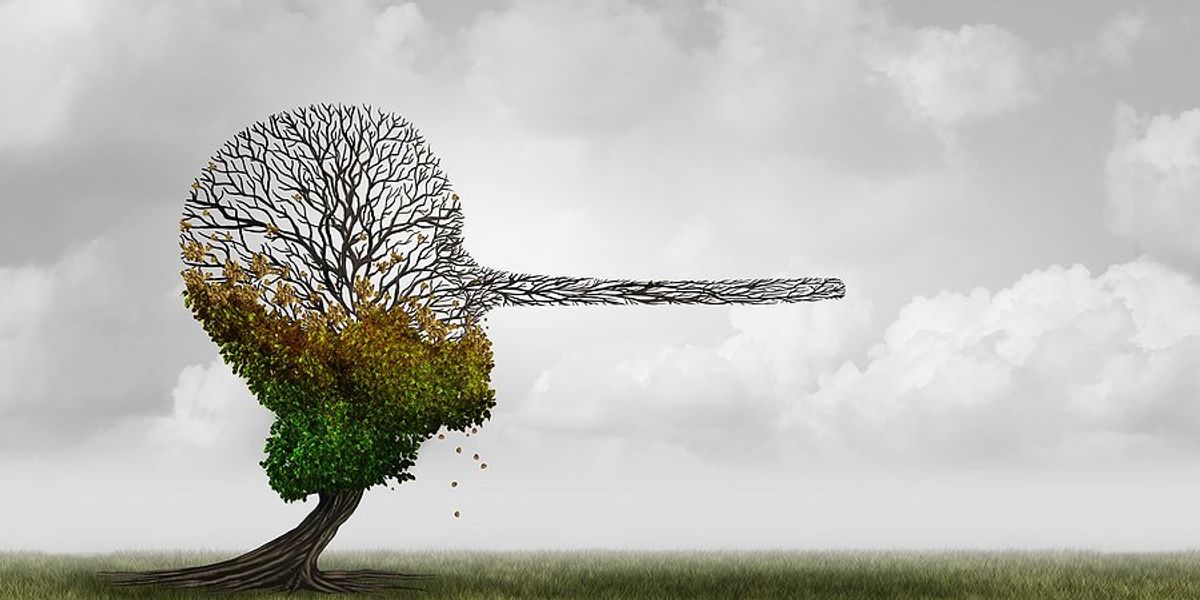 An illustration of a dying tree in the shape of a head with a very long nose.