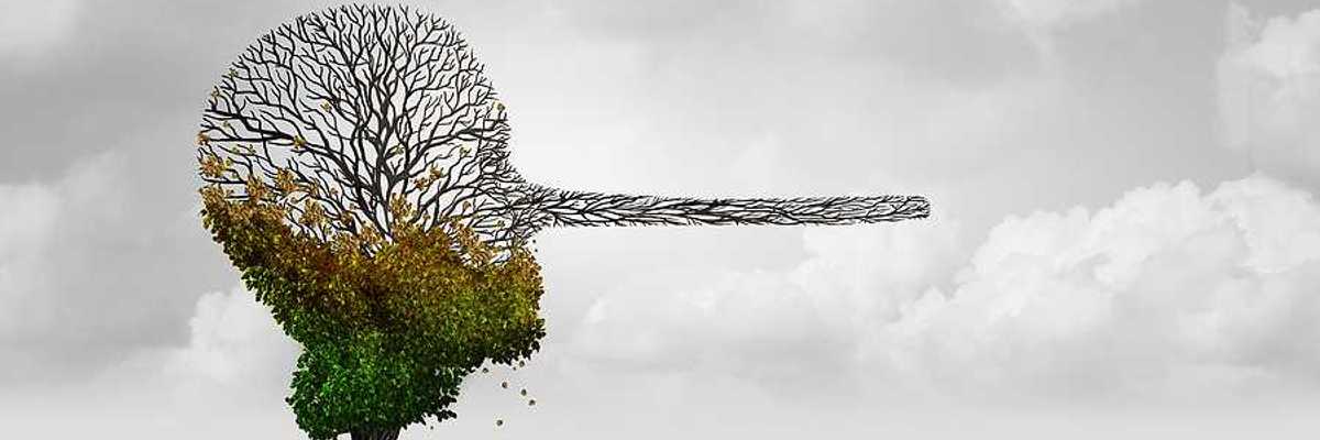 An illustration of a dying tree with a long pinnochio nose