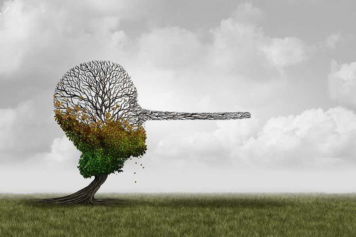 An illustration of a dying tree with a long pinnochio nose