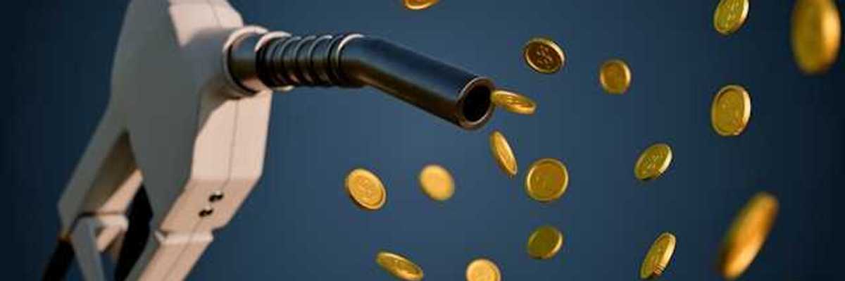 An illustration of a gas pump with golden coins floating out of it