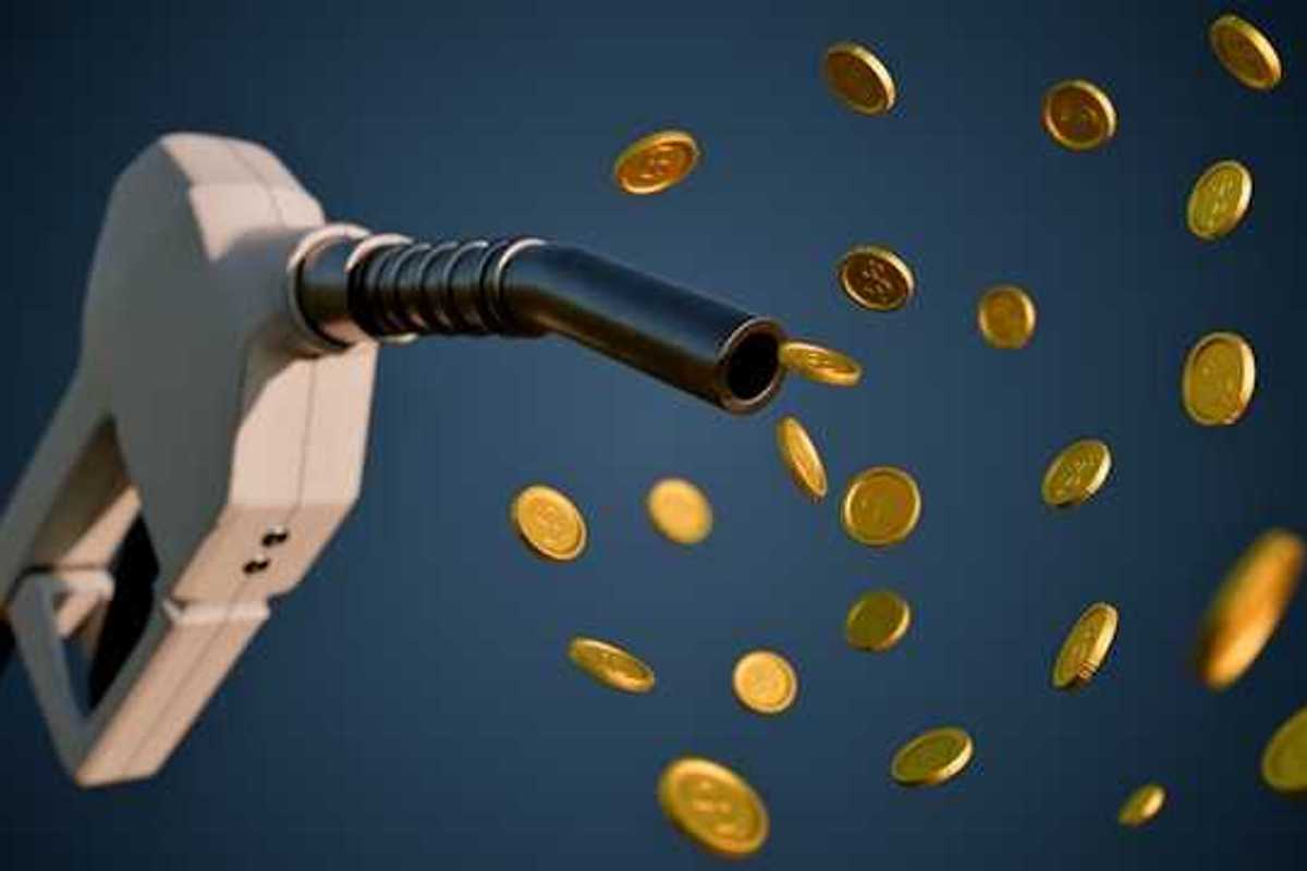 An illustration of a gas pump with golden coins floating out of it