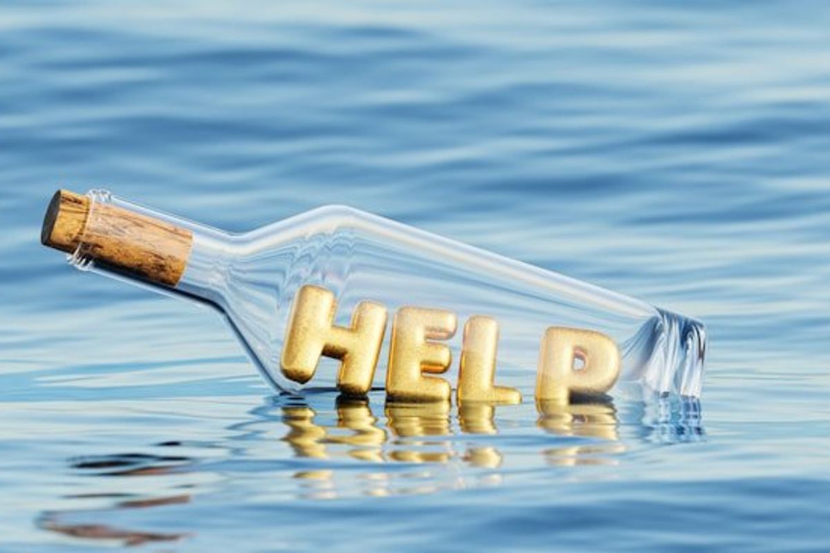 An illustration of a glass bottle floating in water with the word HELP inside of it.