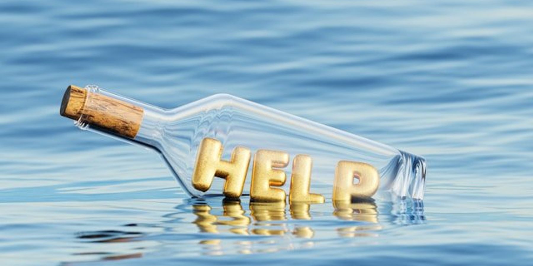 An illustration of a glass bottle floating in water with the word HELP inside of it.