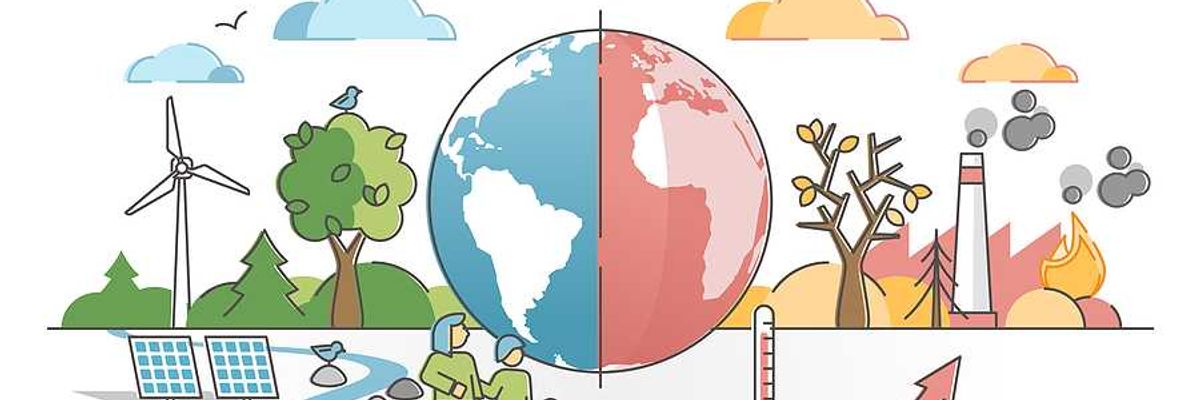 An illustration of a healthy earth on the left and a warming earth on the right