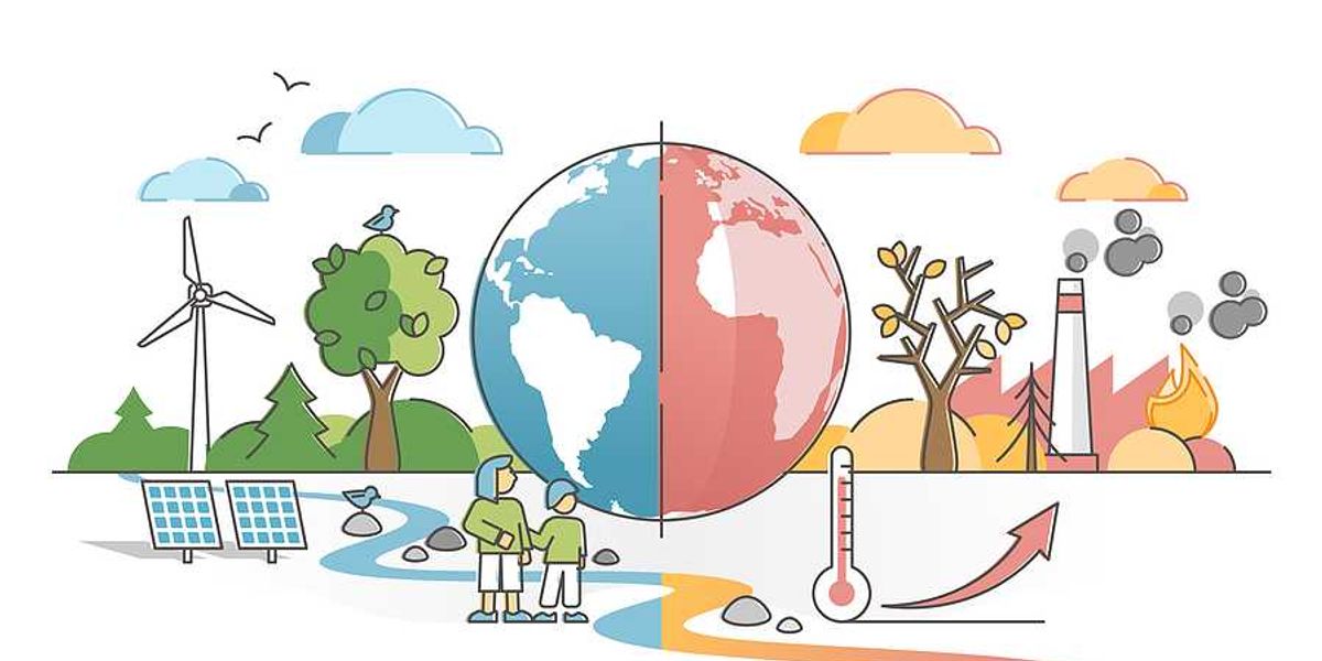 An illustration of a healthy earth on the left and a warming earth on the right