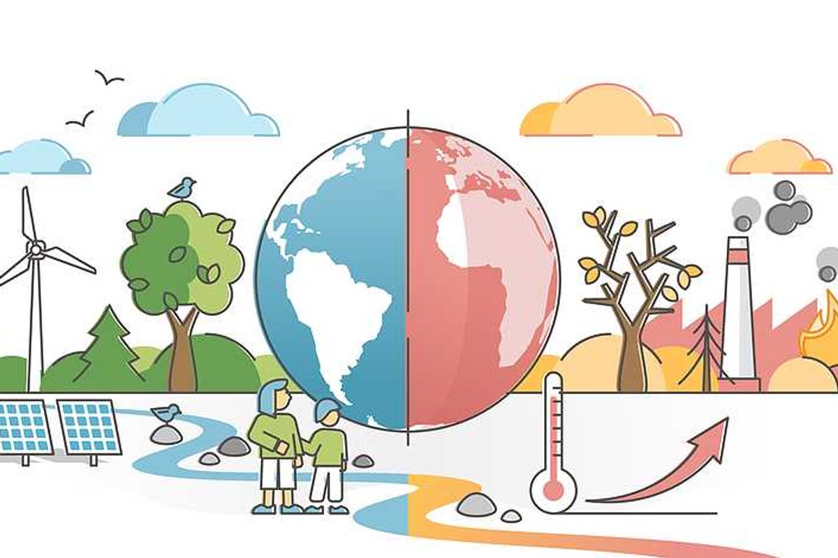 An illustration of a healthy earth on the left and a warming earth on the right