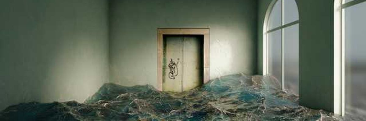 An illustration of a home with with arched windows inundated with flood water