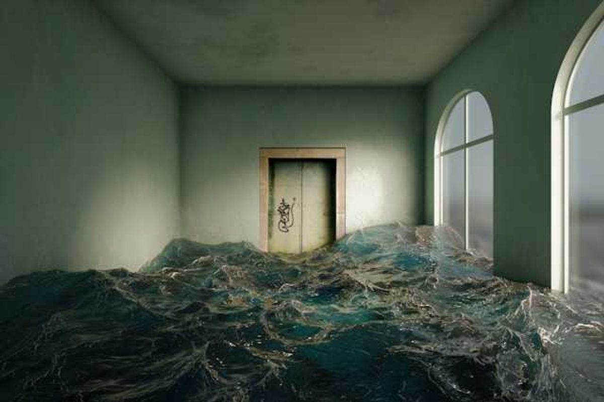 An illustration of a home with with arched windows inundated with flood water