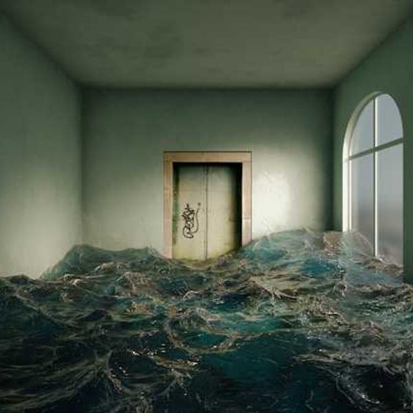 An illustration of a home with with arched windows inundated with flood water