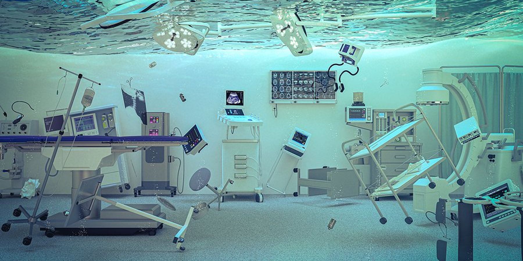 An illustration of a hospital operating room under water during a flood.