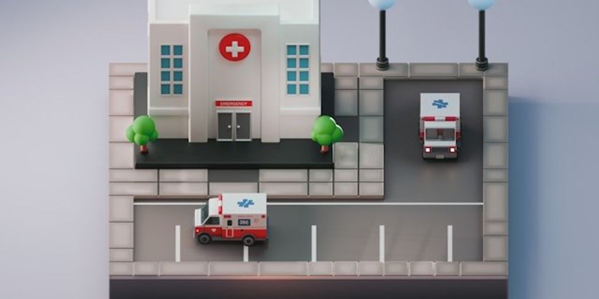 An illustration of a hospital with two ambulances outside