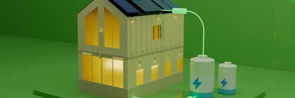 An illustration of a house with batteries hooked up to rooftop solar panels