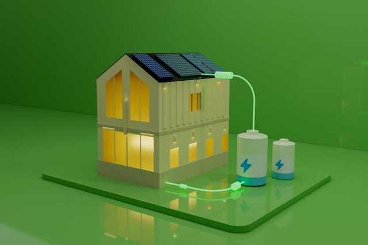 An illustration of a house with batteries hooked up to rooftop solar panels