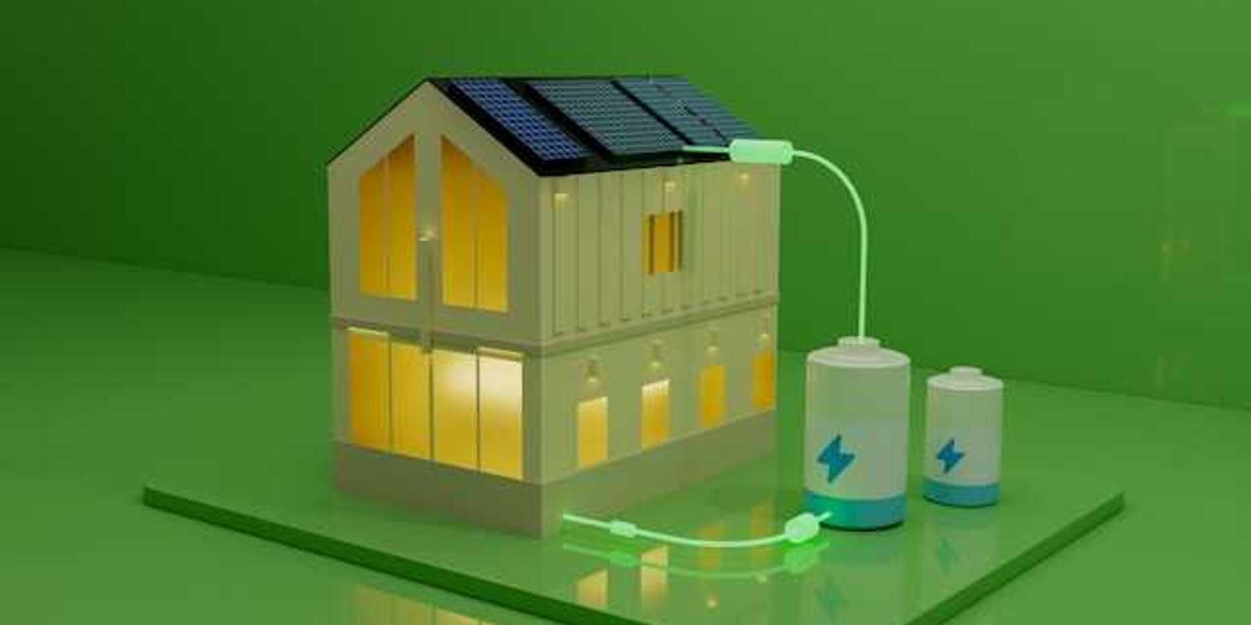 An illustration of a house with batteries hooked up to rooftop solar panels