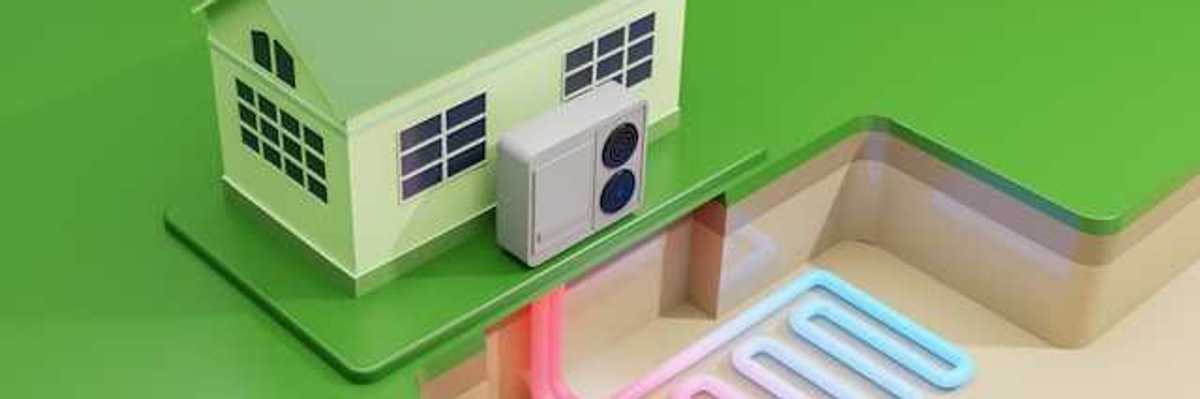 An illustration of a house with geothermal energy leading to a heat pump