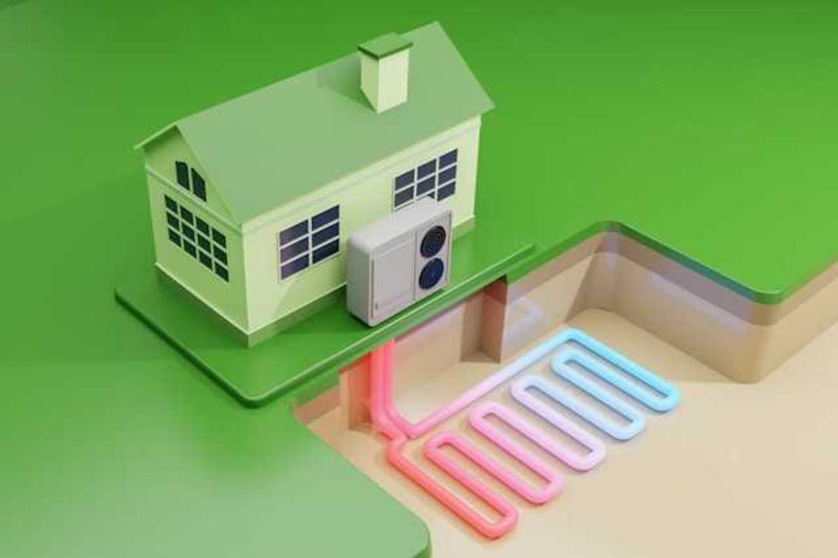An illustration of a house with geothermal energy leading to a heat pump