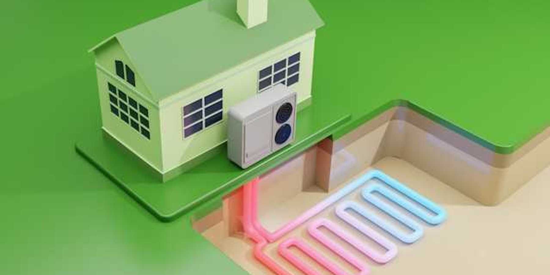 An illustration of a house with geothermal energy leading to a heat pump