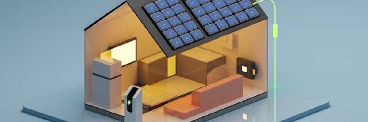 An illustration of a house with solar panels and an EV charging station
