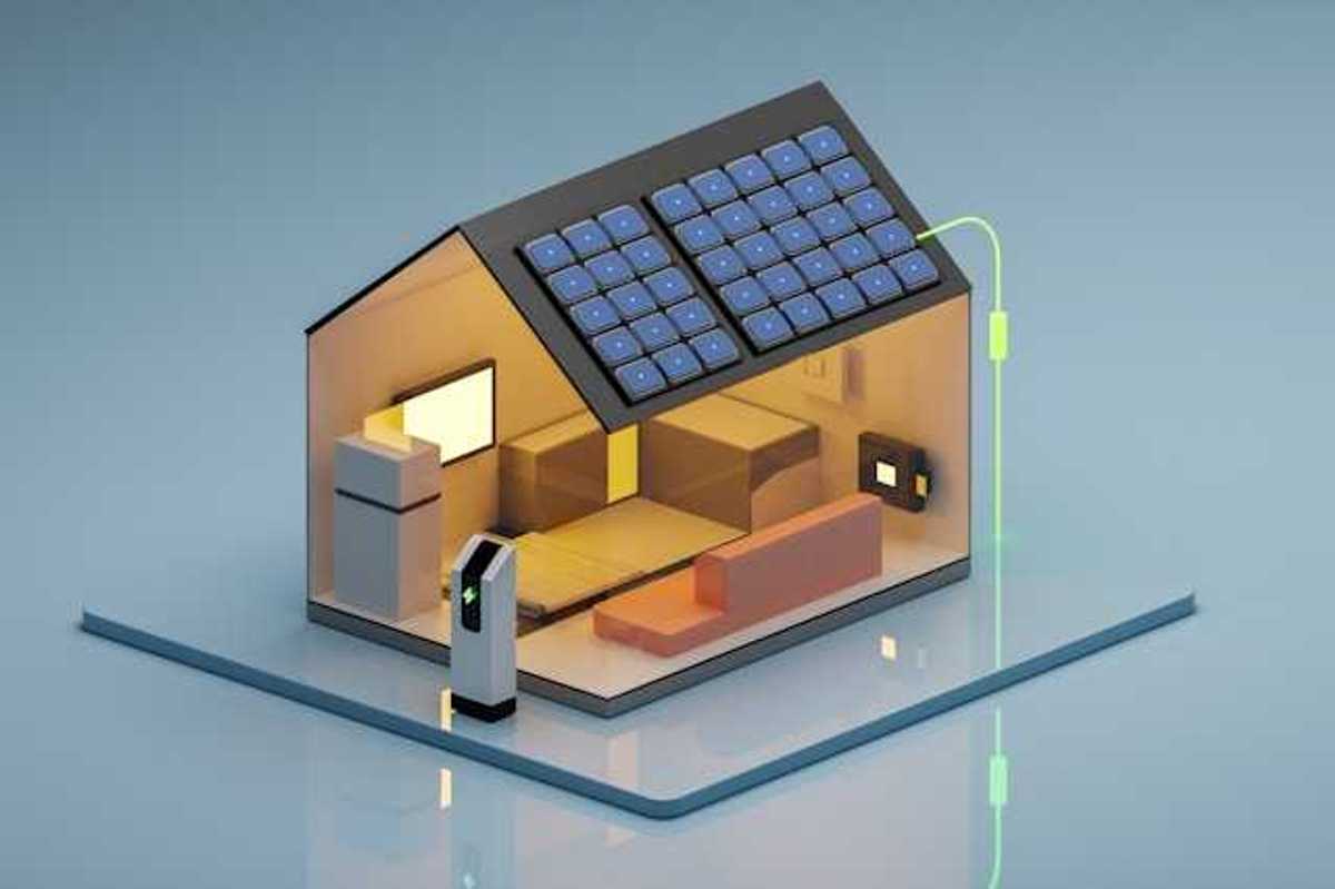 An illustration of a house with solar panels and an EV charging station