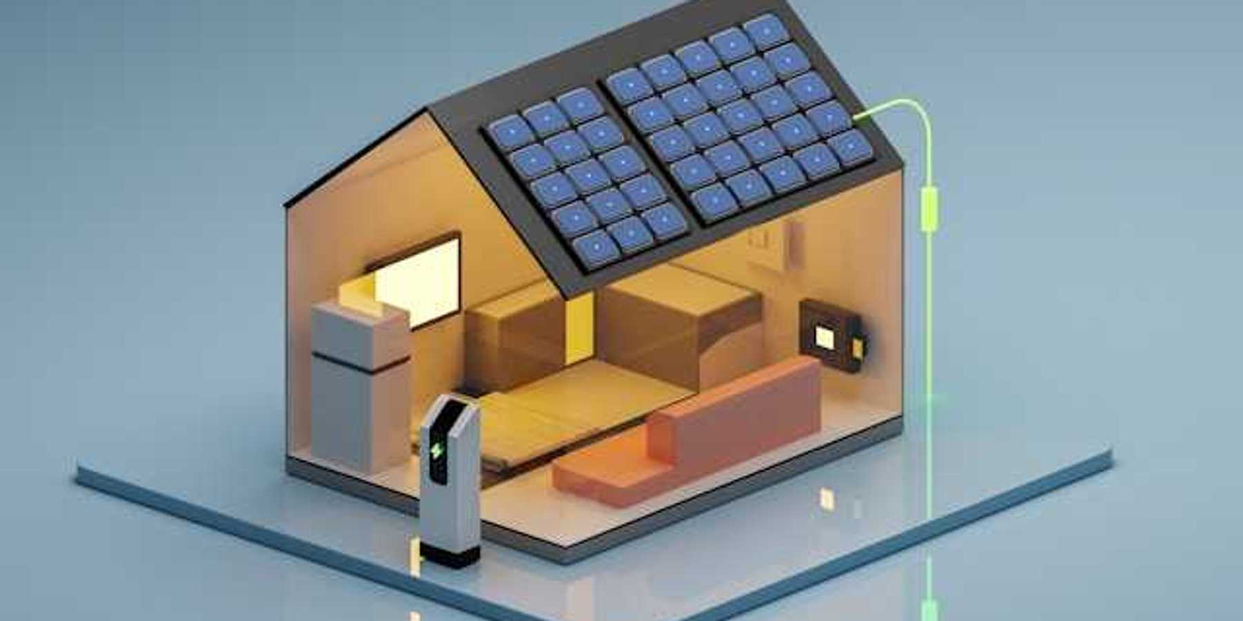 An illustration of a house with solar panels and an EV charging station