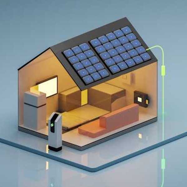 An illustration of a house with solar panels and an EV charging station
