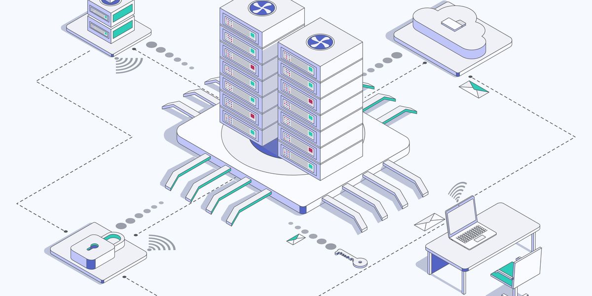 An illustration of a large data center with data being distributed to the cloud, offices, etc.