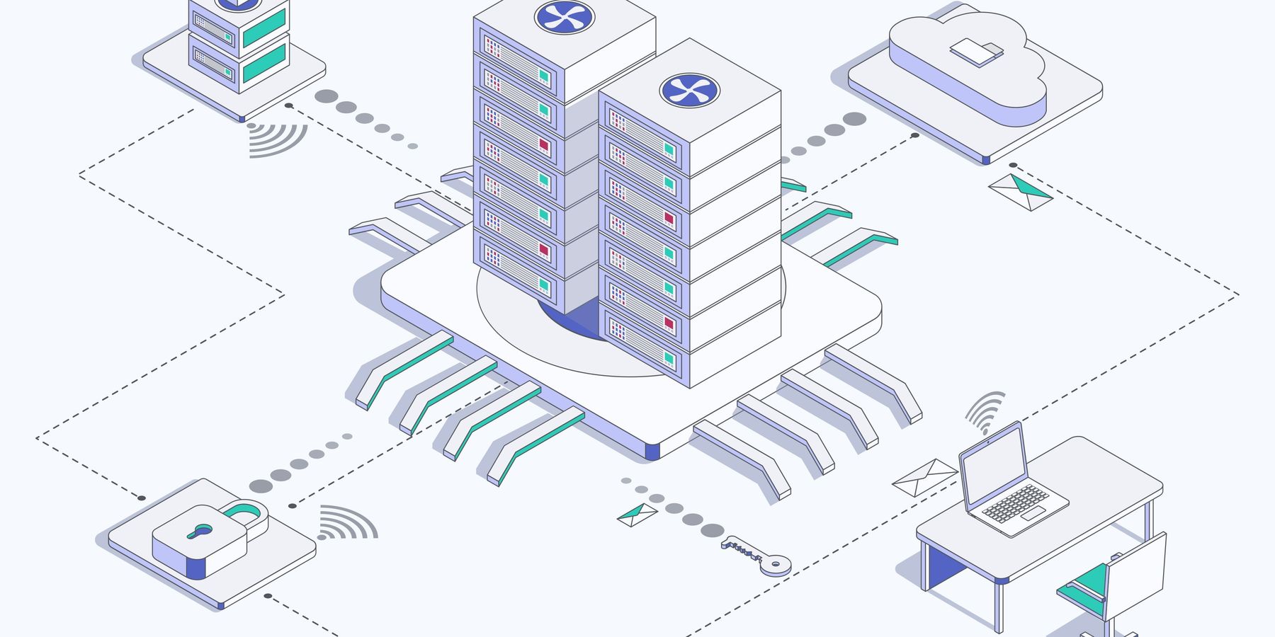 An illustration of a large data center with data being distributed to the cloud, offices, etc.