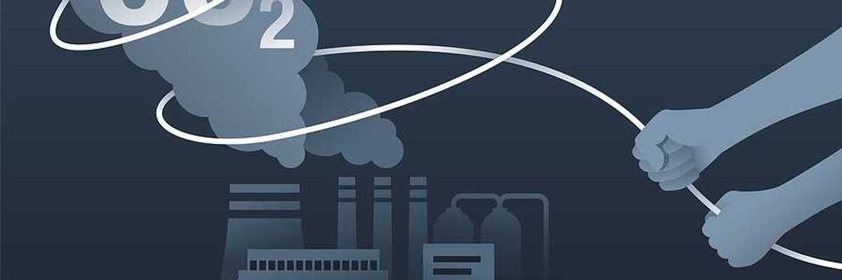 An illustration of a lasso catching harmful smoke coming from an industrial building