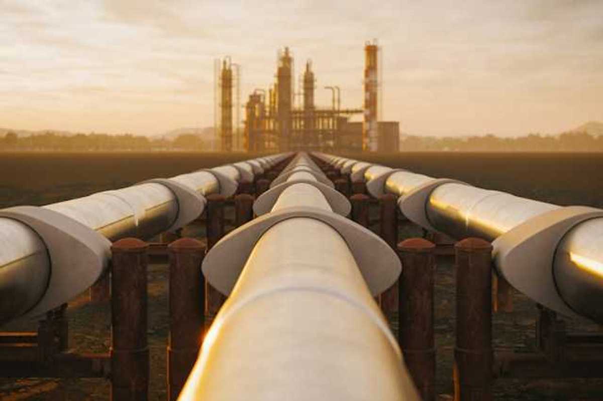 An illustration of a pipeline heading towards an energy plant