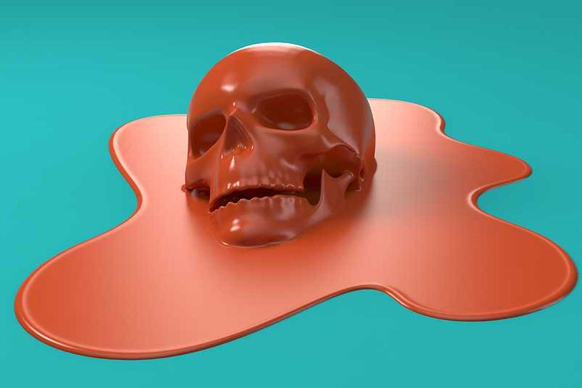 An illustration of a red skull melting into a teal background