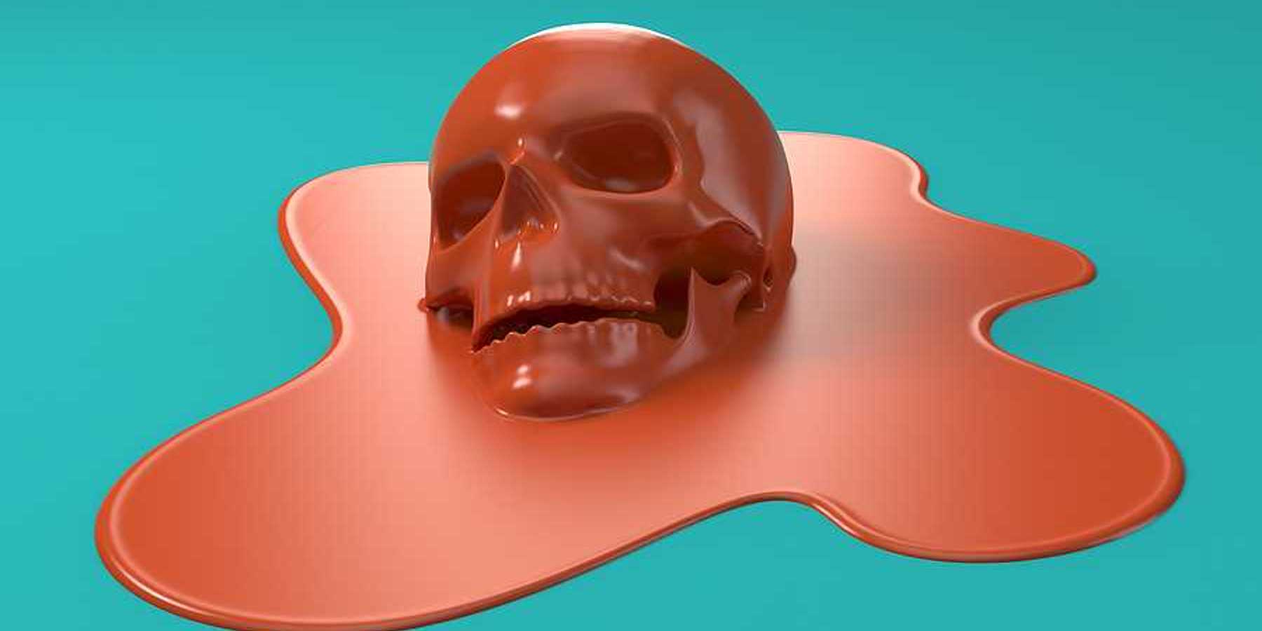 An illustration of a red skull melting into a teal background