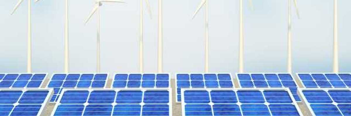 An illustration of a row of solar panels and wind turbines