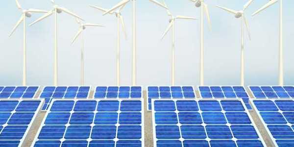 An illustration of a row of solar panels and wind turbines