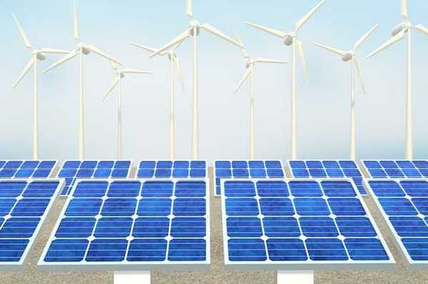 An illustration of a row of solar panels and wind turbines